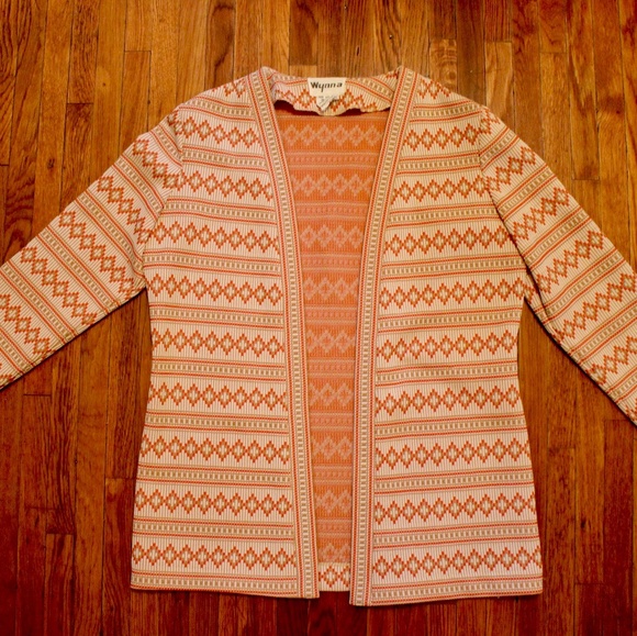 Vintage Sweaters - Vintage 60s 70s orange zigzag patterned cardigan